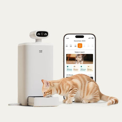 HHOLOVE O SITTER Comedero Automático para Gatos con Cámara: Con IA, Video 2K HD, Visión Nocturna, Wi-Fi 5G/2.4G, Programable, Audio de 2 Vías, Alerta de Poco Alimento y Sensor de Bloqueo (Versión con 1 Año de Suscripción).