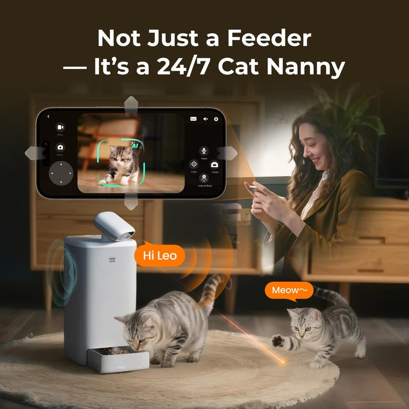 HHOLOVE O SITTER Comedero Automático para Gatos con Cámara: Con IA, Video 2K HD, Visión Nocturna, Wi-Fi 5G/2.4G, Programable, Audio de 2 Vías, Alerta de Poco Alimento y Sensor de Bloqueo (Versión con 1 Año de Suscripción).