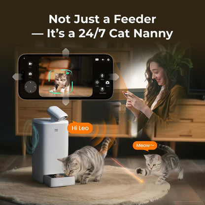 HHOLOVE O SITTER Comedero Automático para Gatos con Cámara: Con IA, Video 2K HD, Visión Nocturna, Wi-Fi 5G/2.4G, Programable, Audio de 2 Vías, Alerta de Poco Alimento y Sensor de Bloqueo (Versión con 1 Año de Suscripción).